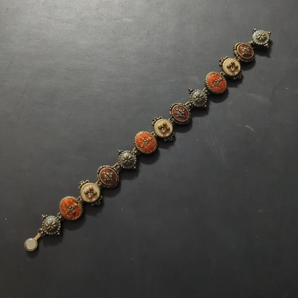 Vintage Jewelry - Vintage Gold Tone Orange Cream Enamel Sparkle Magnetic Clasp Statement Bracelet
